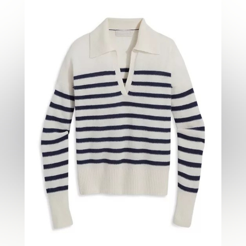 Vineyard Vines Cream and Black Striped V-Neck Sweater